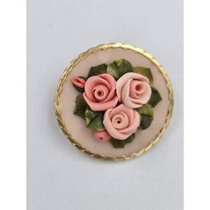 Vintage Porcelain Rose Brooch Pink Floral Pin Gold Tone Rope Border 1.25"